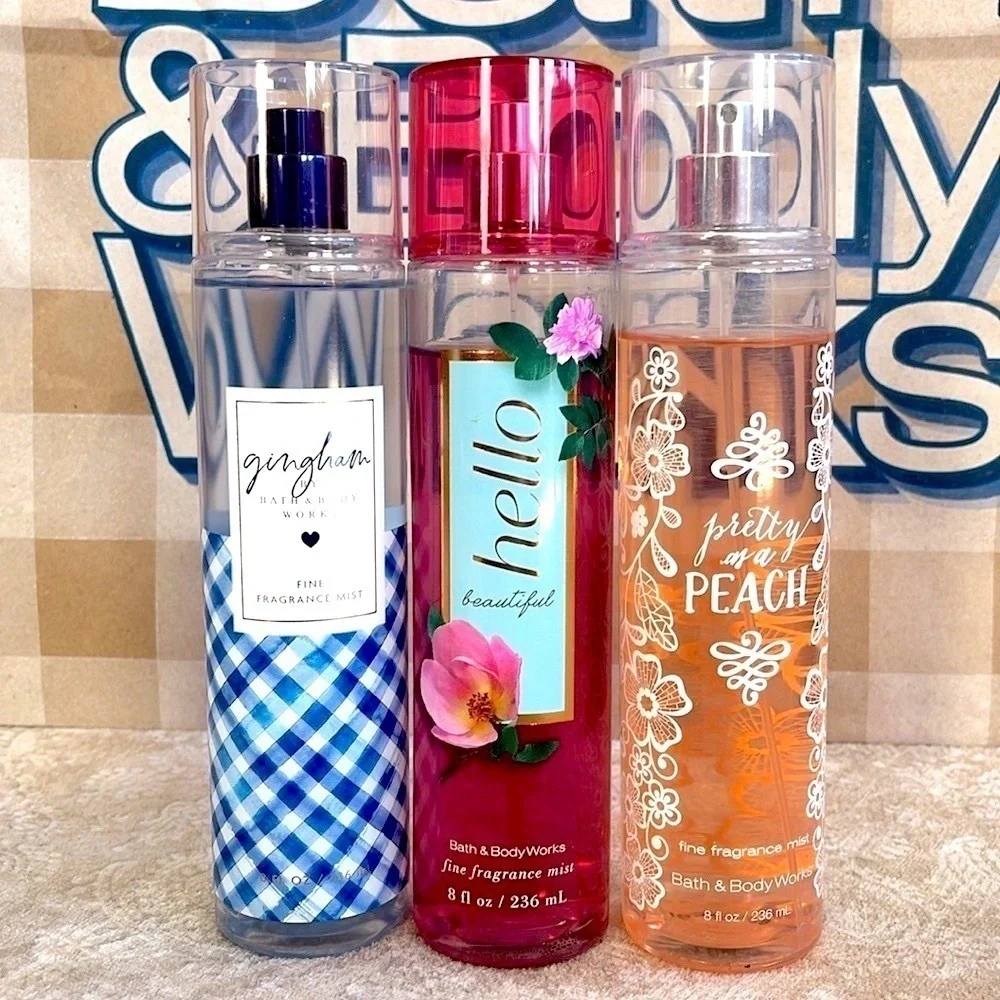 Bath & Body Works Fine Fragrance Mists Body Sprays w/ Holder Gingham Peach Hello